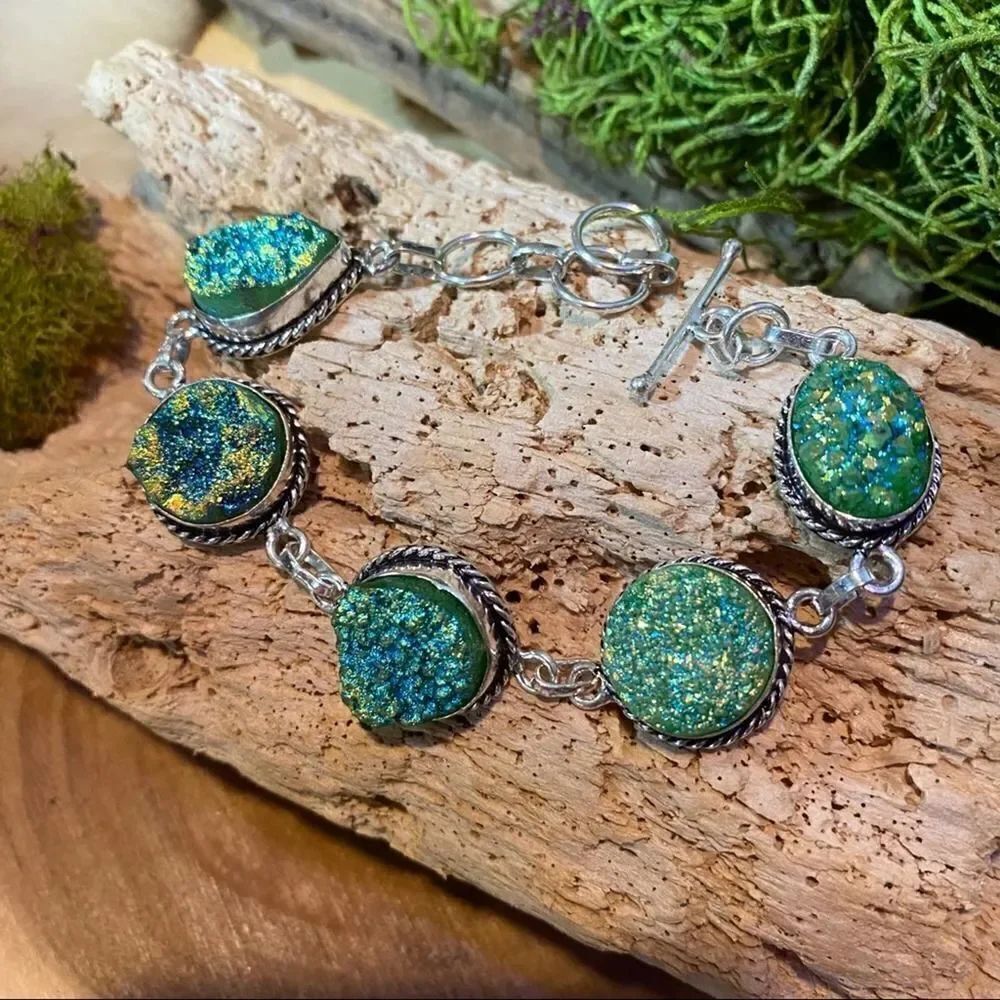 Titanium Druzy Teal Green Sterling Silver Toggle Bracelet